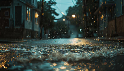 Wall Mural - A car is driving down a wet street with rain falling from the sky