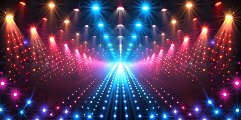 Poster - Vibrant neon lights on a stage, creating an abstract and colorful atmosphere for concerts and events, showcasing modern technology and visual artistry in a dynamic display
