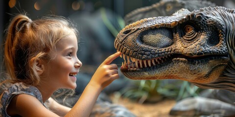 Young girl captivated by a dinosaur exhibit in a museum, showcasing the wonder and fascination of learning about prehistoric creatures, perfect for illustrating educational and family experiences