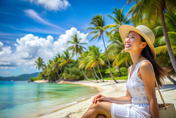 Asian woman relax lifestyle travel nature ocean on summer holiday vacation