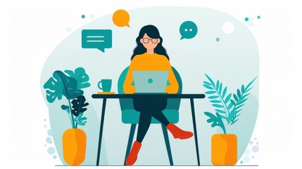 Poster - Individual conversing with a virtual assistant on a laptop, receiving language practice exercises during the chat, Virtual assistant, Laptop