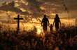 © NE97 - Silhouette of a family walking through a field with an empty cross in the background, representing hope and unity. Can be used for religious or inspirational purposes.