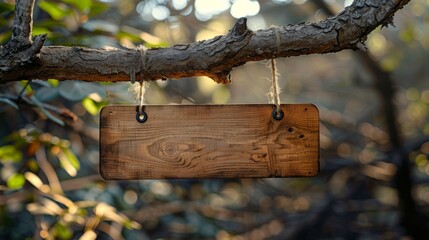 Light Wood Blank Signboard Hanging on a Dead Branch mockup 