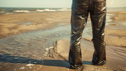 Wall Mural - Leather products scream for trousers against a sandy beach view