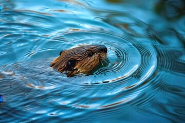 Wall Mural - A serene shot of a Eurasian beaver swimming in a pond, creating ripples on the water's surface