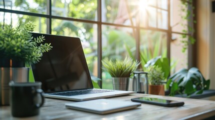 Canvas Print - Laptop on a Desk with Plants and a Window View