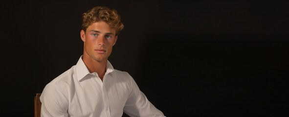 A young man in a white shirt sits in a chair