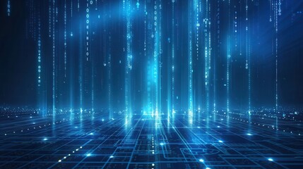 Abstract digital background with binary code and glowing lines.