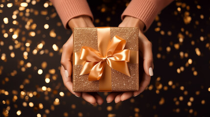 Wall Mural - gift box in hands with golden confetti on a black background