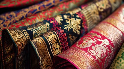 Sticker - A close-up of traditional Thai silk fabric with intricate designs and rich colors.