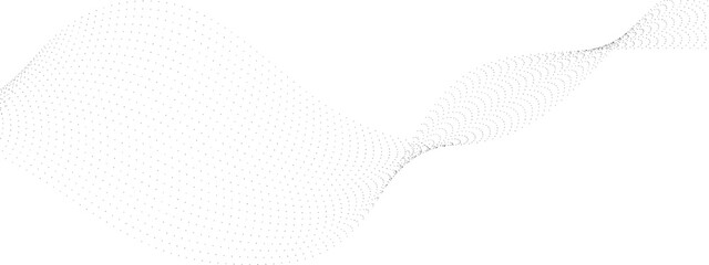 Poster - Abstract flowing dots particles wave curved lines on transparent background. Black halftone gradient smooth curve line shape background. Design for frequency sound, technology, science, banner. Vector