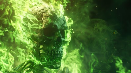 Ethereal Skeleton Surrounded by Enchanting Green Flames - Realistic Textures and Soft Lighting in Octane Render