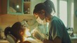 © Tahir AI - Side view of a beautiful dentist scaling and polishing a girl's teeth, clinic room equipped with modern dental tools.