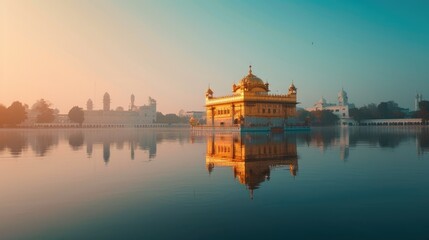 A sacred Sikh gurdwara with its golden dome reflecting in a calm water body, under a clear sky.