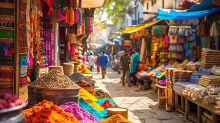 A vibrant Indian market scene with colorful textiles, spices, and traditional crafts.