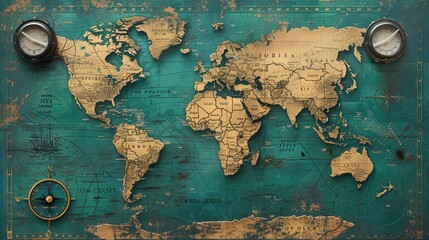 Fototapete - A world map with embedded digital clocks indicating the current time in major cities.