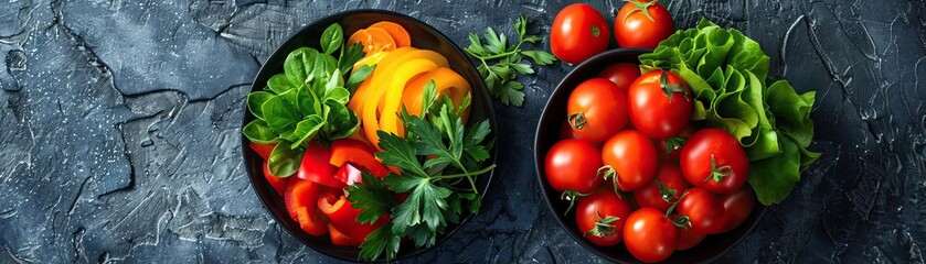 Wall Mural - A minimalist composition of a bowl of mixed vegetables, vibrant colors against a dark, textured backdrop, panoramic space above for copy.