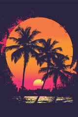 Wall Mural - Evening on the beach with palm trees. Rest concept. Palm trees silhouettes at sunset. Vector retro poster