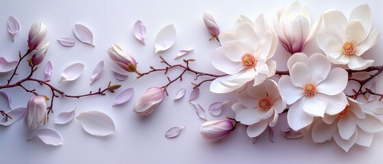 Sticker - Elegant Arrangement of White and Pink Magnolia Flowers on a Light Background