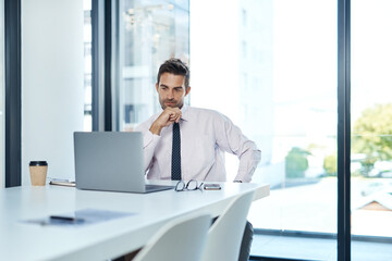 Aufkleber - Laptop, planning and thinking with business man at desk in glass office for problem solving or review. Computer, decision and research with corporate employee in workplace for online administration