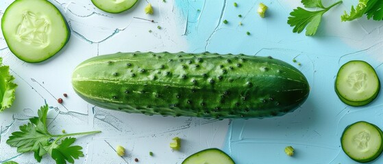 Fresh Green Cucumber on Light Blue Background with Sliced Pieces and Parsley