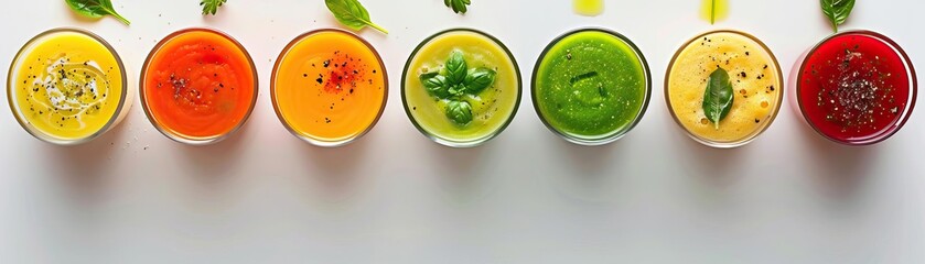 Wall Mural - A minimalist, high-key setup with a line of bright vegetable cream soups in tall shot glasses, set against a crisp, white background, broad empty space on the right for promotional