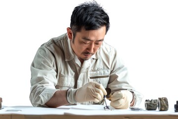 Wall Mural - Conservation scientist working on a wildlife preservation project, Japanese, Portrait half-body, hyper-realistic, high detail, photorealistic, white background, Key Light, Fill Light