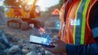 © Elisaveta - close up of a construction worker on the site holding a tablet near the tablet there are holograms of icons related to artificial intelligence