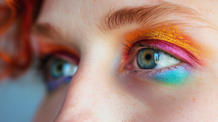 Close-up of a woman's blue eye with colorful eye shadow