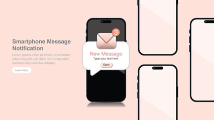 Poster - New Message Notification with Envelope Label on Smartphone Screen Device Banner. Mobile Phone with Pop-up Message and Email Notification and Reminder Concept. Vector Illustration.