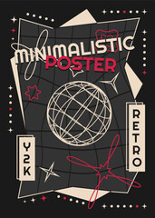 Poster - Poster with abstract shapes in y2k style and wireframe sphere. Retro-futuristic aesthetics. Vector template for banner, post, cover