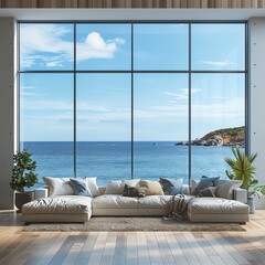 Large window in a modern living room 3D rendering, with a sofa and blue sea view background, capturing a summer vacation essence