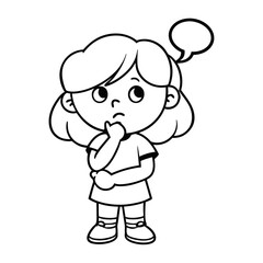 A line art thinking girl or kids with a thought bubble and question mark