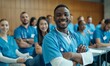 © Da - Confident Healthcare Professionals: Smiling Male Doctor and Nurse Standing in Medical Training Room. Portrait of Diverse Medical Team Showcasing Expertise and Teamwork in Modern Healthcare Setting. Pr