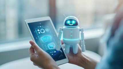 Poster - Person chatting with a chatbot on a tablet, practicing language skills through engaging conversation, Chatbot, Tablet