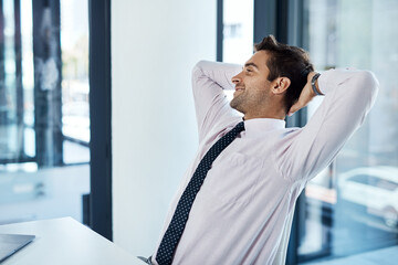 Poster - Relax, smile and thinking with business man in office to finish report or review for administration. Desk, future and vision with happy employee in professional workplace for corporate career