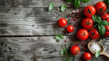 Wall Mural - Home cooking theme. Fresh tomatoes, spoon, herbs, and spices on wood surface, overhead view, blank space.