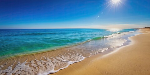 of a serene ocean scene with calm waters, a clear blue sky, and a sandy beach , ocean, sea, water, waves, beach, sand