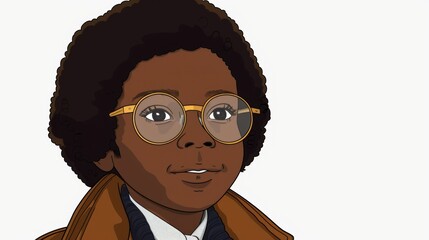 Wall Mural - A cartoon drawing of a young black man wearing glasses and a brown coat