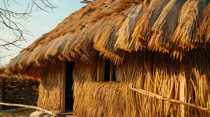 house made from straw natural look thatched roof