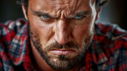 A man with a beard and a blue eye stares at the camera