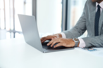 Poster - Finance, hands and laptop with business person at desk in office for investment or savings. Accounting, computer and typing with professional accountant in corporate workplace for online trading