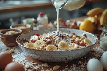 A delicious and nutritious breakfast bowl of granola with sliced bananas, strawberries, and nuts, topped with a drizzle of milk, creating a perfect morning meal.