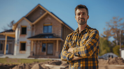 Wall Mural - Man with look of pride standing beside newly constructed home