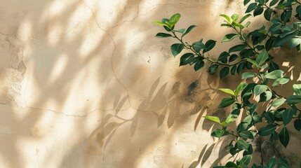 Sticker - Sunlit green foliage against a beige plaster wall