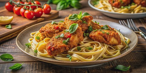 Wall Mural - Delectable pasta and fried chicken dish captured beautifully with Sony Alpha A7R for a mouthwatering culinary experience