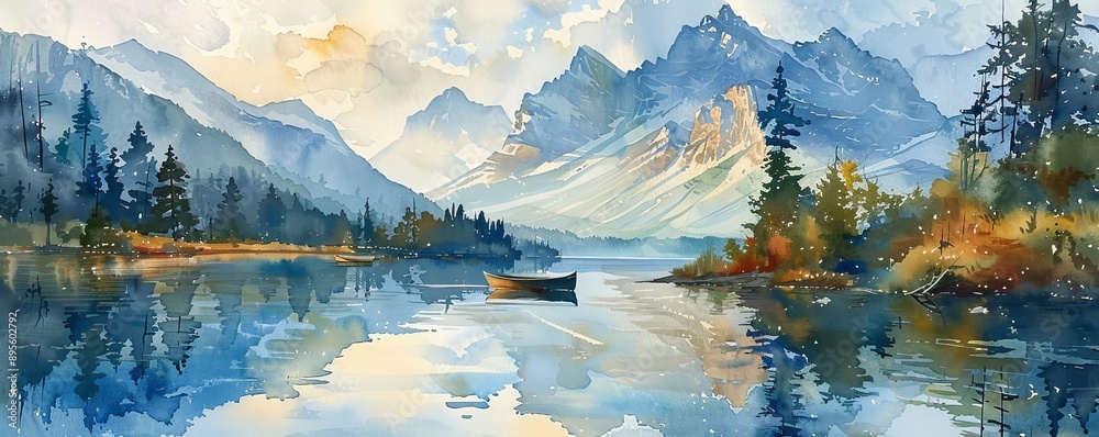 A watercolor painting of a serene mountain lake reflecting the towering ...