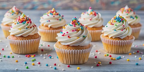 Cupcakes with fluffy cream topping and colorful sprinkles , bakery, pastry, dessert, sweet, cupcakes, frosting, icing, bakery