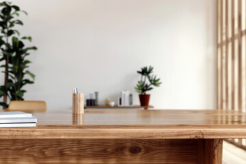 Poster - Empty wide wooden desk sits in a modern office, notebooks and pencils with blurred white wall and plant background