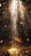© Da - Dazzling Golden Confetti Shower on Abstract Festive Stage: Illuminated Empty Room with Spotlight for Awards Ceremony, Anniversary Celebration, New Year's Party, or Product Launch. Spectacular 4K Event
